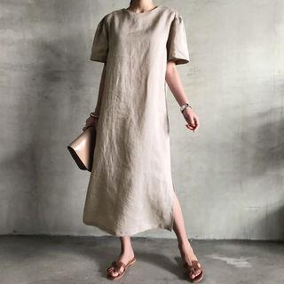 Puff-shoulder Linen Long Shift Dress With Sash