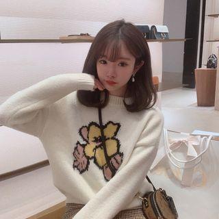 Flower Print Sweater / Plaid Mini A-line Skirt