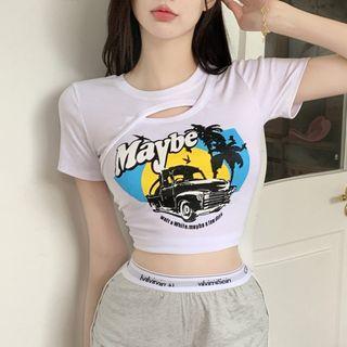 Short-sleeve Cutout Graphic Print Crop Top