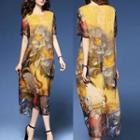 Printed Short-sleeve Midi Chiffon Dress
