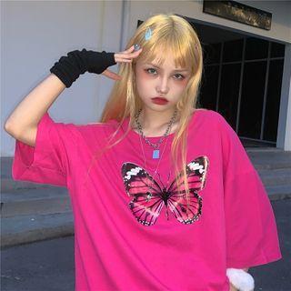 Elbow-sleeve Butterfly Print T-shirt Rose Pink - One Size