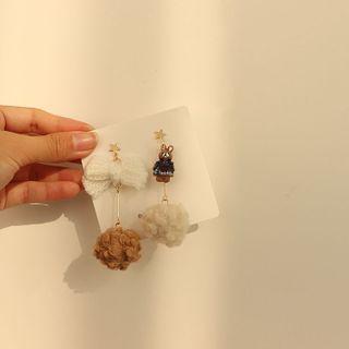 Rabbit Bow Faux Fur Pom Pom Asymmetrical Dangle Earring Stud Earring - 1 Pair - White & Khaki - One Size