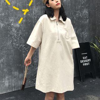 Pocket Detail Elbow-sleeve Collared Dress Almond - One Size