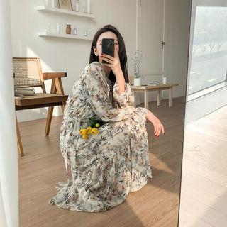 Round-neck Tie-waist Floral Print Midi Dress