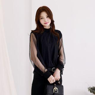 Mock-neck Sheer-sleeve Pullover