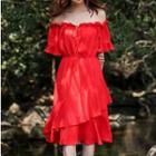 Elbow-sleeve Off Shoulder Asymmetric Ruffle A-line Dress