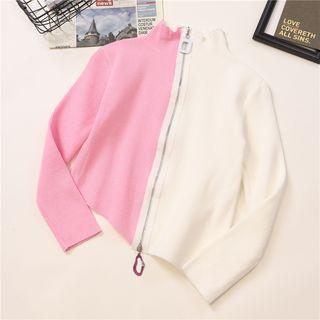 Color Block Front Zip Long-sleeve Knit Top
