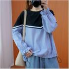 Drawstring-cuff Striped Panel Pullover Blue - One Size