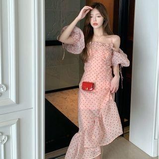 Puff-sleeve Dotted Slim-fit Dress