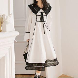 Long-sleeve Collar Tie-neck Midi Dress