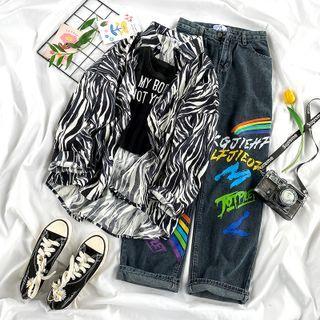Zebra Print Shirt / Lettering Tank Top / Print Wide-leg Jeans