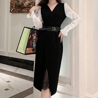 Long-sleeve Color Block Lace Paneled Dress