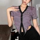 Short-sleeve Embroidered Striped Crop T-shirt