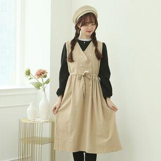 Double-button Pinafore Dress & Sash Beige - One Size