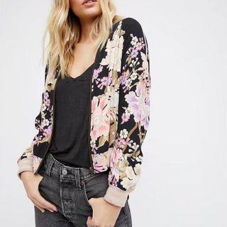 Flower Printed Zipped Baseball Jacket