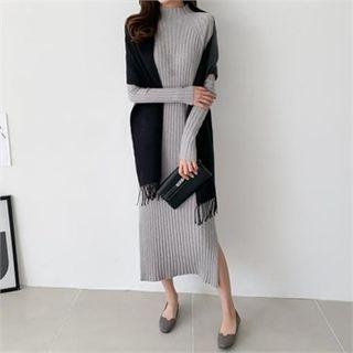 Mock-neck Ribbed Long Knit Dress