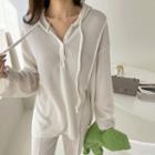 Button-detail Deep-slit Knit Hoodie