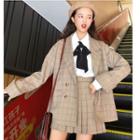 Tie-neck Shirt / Plaid Double-breasted Blazer / Plaid Pleated Skirt