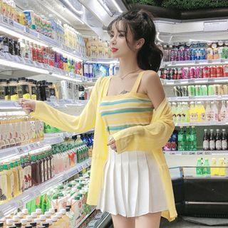 Striped Tank Top / Open Front Jacket / Pleated Shirt