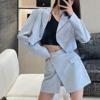 Set: Long-sleeve Lapel Cropped Plain Blazer + High-waist Plain Short Skirt
