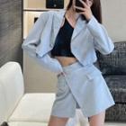 Set: Long-sleeve Lapel Cropped Plain Blazer + High-waist Plain Short Skirt