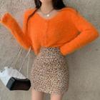 Fluffy Cardigan / Leopard Print Mini Fitted Skirt
