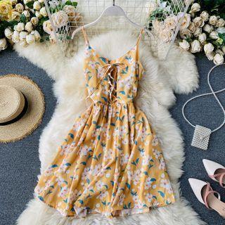 Floral Spaghetti Strap Lace-up Mini A-line Dress