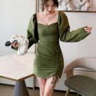 Puff-sleeve Drawstring Mini Dress