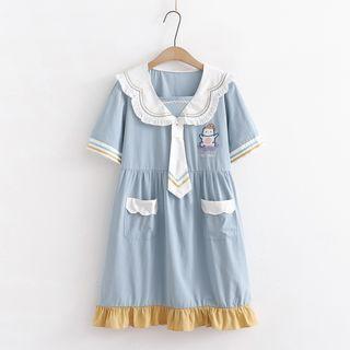 Short-sleeve Bear Embroidered A-line Dress Blue - One Size