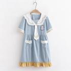 Short-sleeve Bear Embroidered A-line Dress Blue - One Size