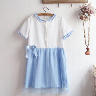 Short-sleeve Color Block Mesh Overlay A-line Dress Light Blue - One Size