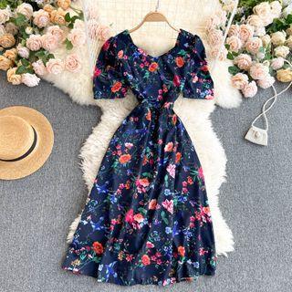 Short-sleeve Floral Print Midi Dress Dark Blue - One Size