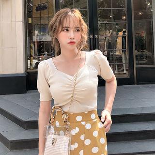 Puff-sleeve Shirred-front Cropped Knit Top