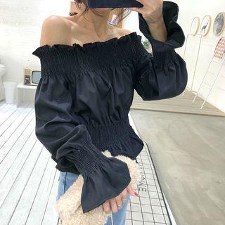 Plain Off-shoulder Bell-sleeve Long-sleeve Blouse