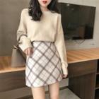 Plain Sweater / Plaid A-line Mini Skirt / Straight-fit Midi Skirt / Set