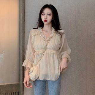 Puff-sleeve Mesh Top As Shown In Figure - One Size