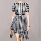 Short-sleeve Striped Asymmetrical Sheath Dress