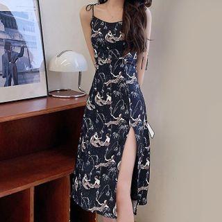 Spaghetti Strap Print Slit Midi Sheath Dress