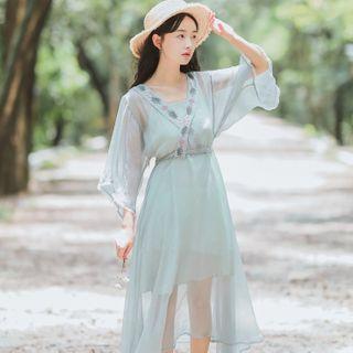 Flower Embroidered Bell-sleeve Midi A-line Mesh Dress