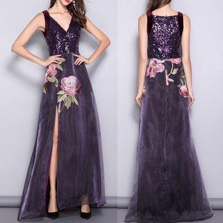 Sleeveless Sequined Panel A-line Maxi Party Dress