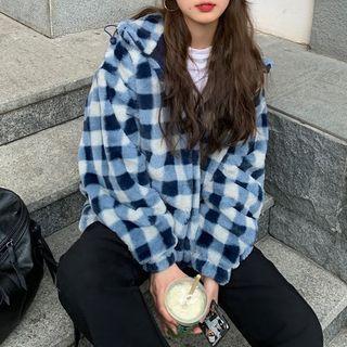 Check Fleece Oversize Jacket Blue - One Size