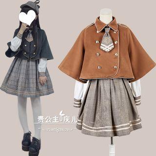 Double Breasted Cape / Long-sleeve Plaid A-line Dress