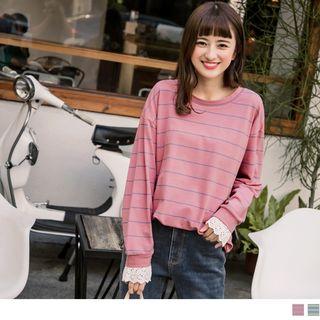 Lace Trim Long Sleeve Striped Top