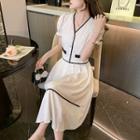 Set: Short-sleeve Contrast Trim Cropped Blouse + Midi A-line Skirt