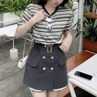 Elbow-sleeve Striped T-shirt / Mini A-line Skirt