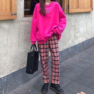 Lettering Sweatshirt / Plaid Straight-fit Pants