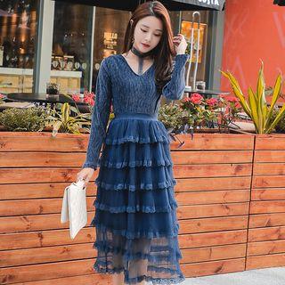 Long-sleeve Lace-trim Midi A-line Tiered Dress