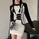 Long-sleeve Two-tone Knit Mini Sheath Dress Black & White - One Size