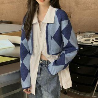 Argyle Cropped Cardigan / Plain Zip-up Shirt