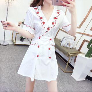 Strawberry Embroidered Short-sleeve Mini A-line Dress / Playsuit